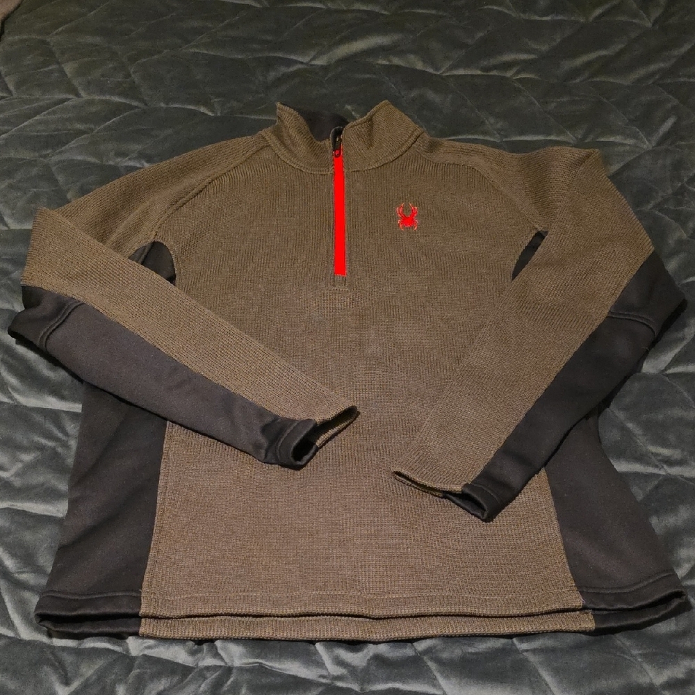 Spyder Men's Brown and Black Zip-Up Sweater with Red Detail